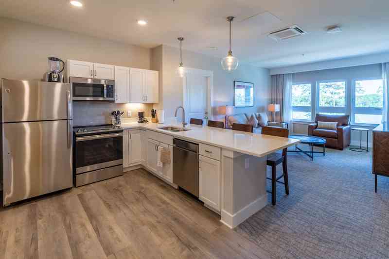 The kitchen of a two bedroom suite at Lakeside Lodge Clemson.